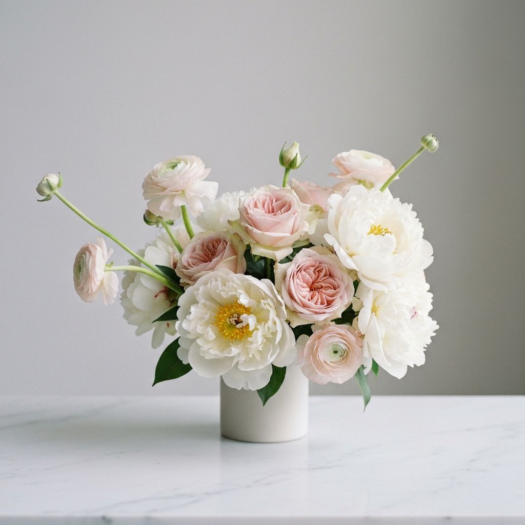 Botanical styling tools and fresh flowers arranged on cream linen